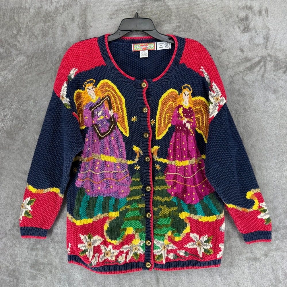 Cardigan Bay Womens 1X Angel Christmas Sweater Hand Knitted Navy Blue Cardigan